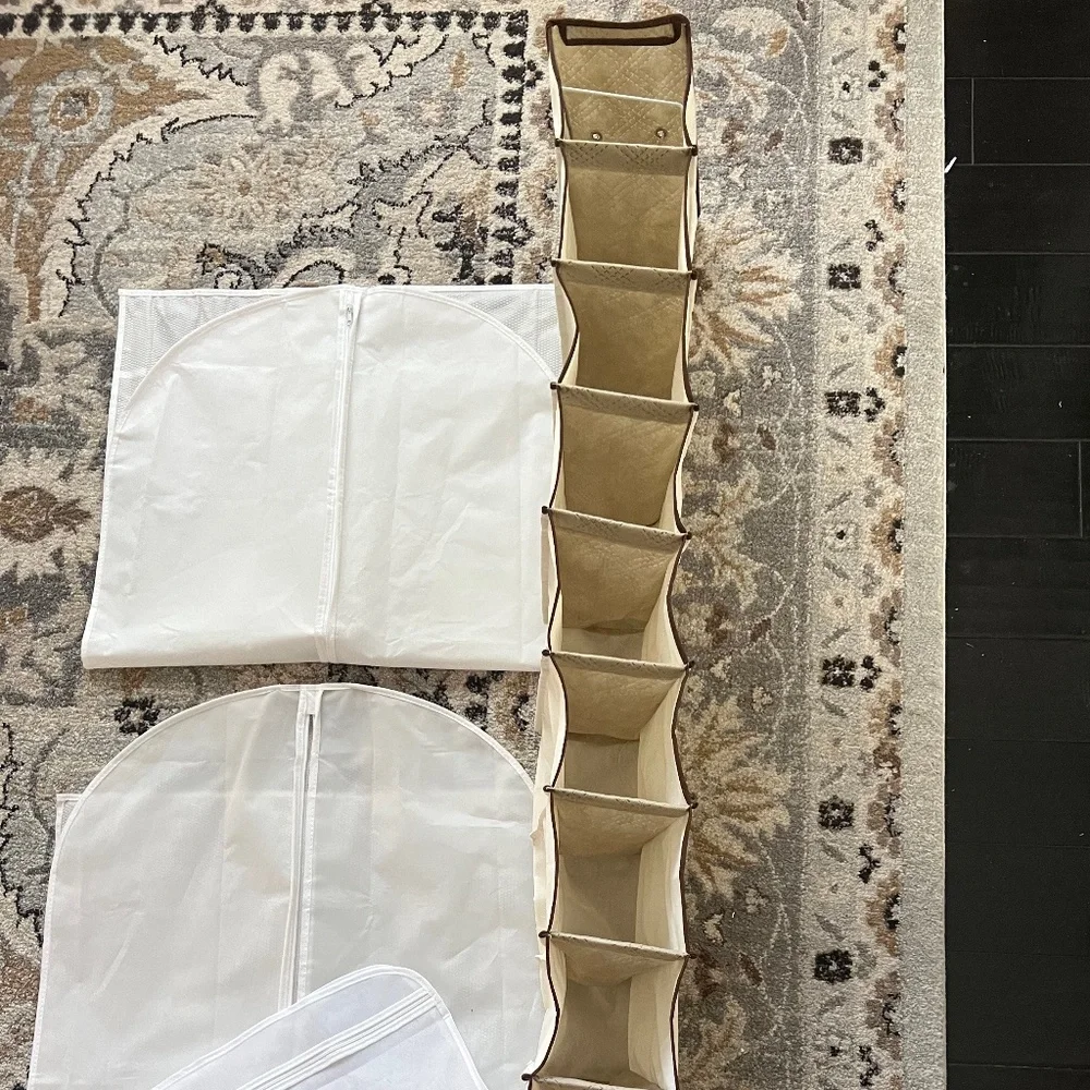 Lot of 2 Garment Bags, a 10 Shelf Hanging Shoe Storage, & 1 Lingerie Bag